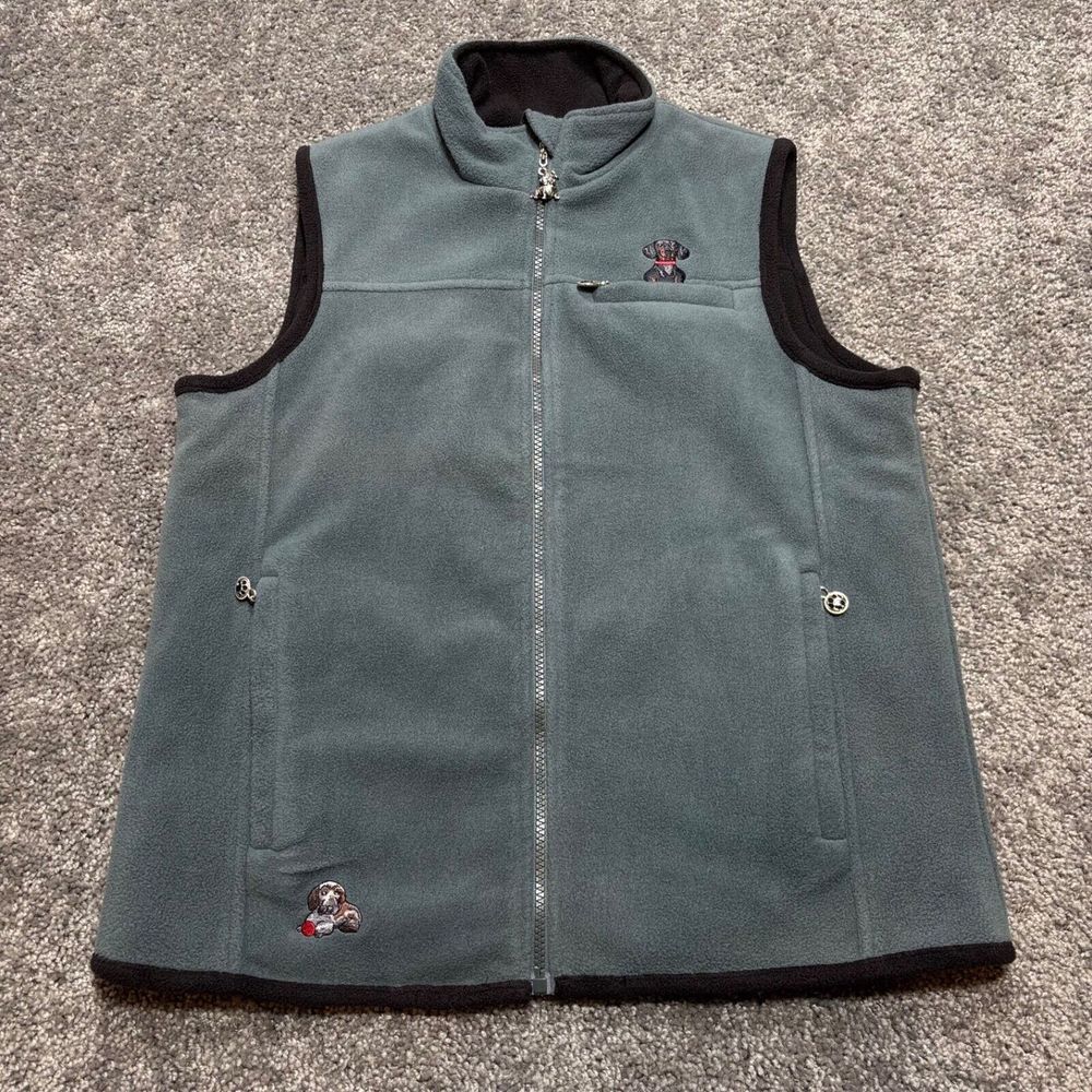 Dog Mom Vest Womens‎ Medium Blue Black Reversible Embroidered Zip Pockets Charms